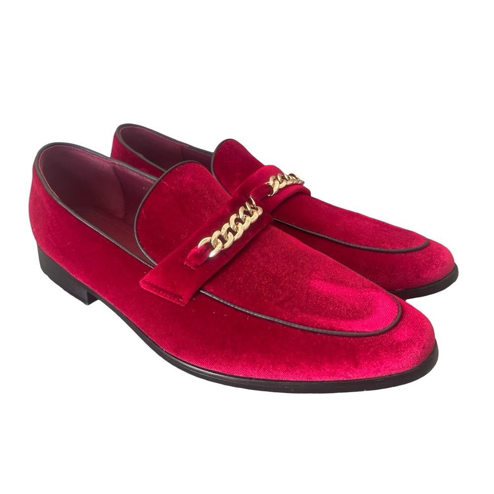 Luxurious Red Velvet Loafers with Gold Chain